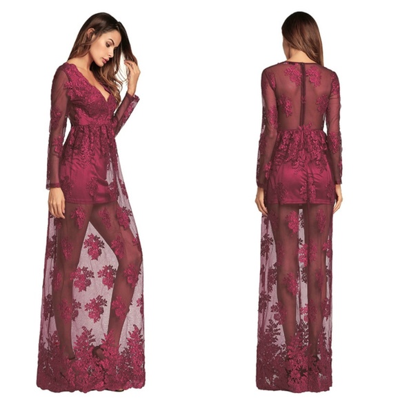 Dresses & Skirts - Burgundy Lace V-Neck Long Maxi Dress
